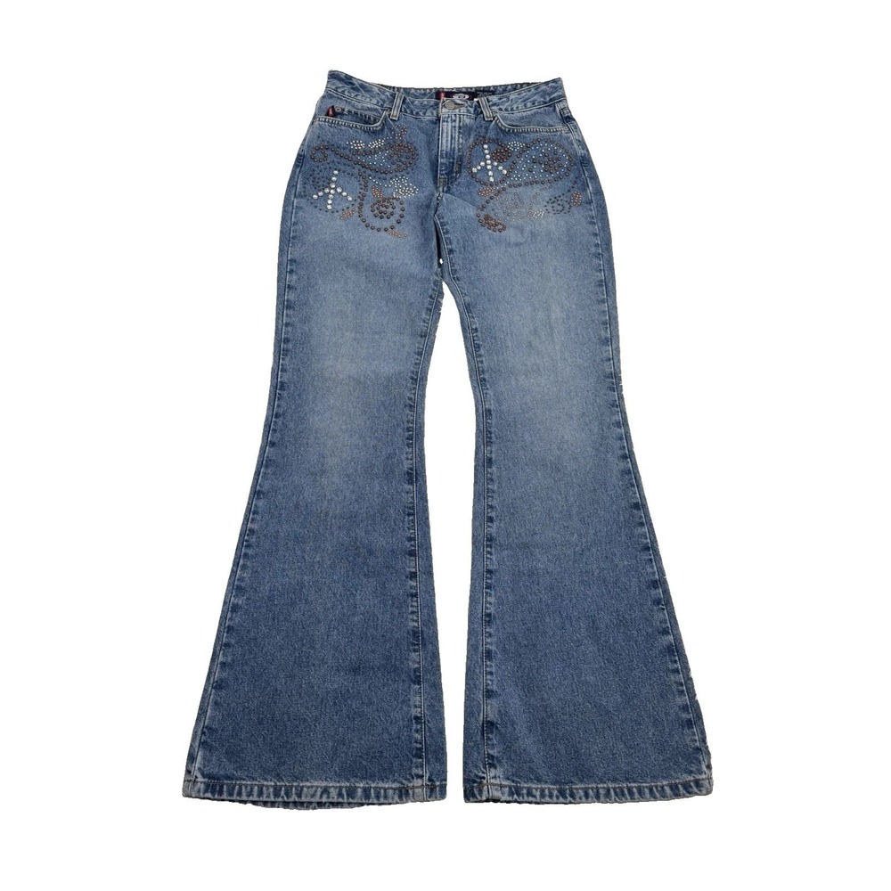 Vtg Y2K Bongo Denim Flare Jeans Studded Rhinestone Women 9 Boho Concert Festival